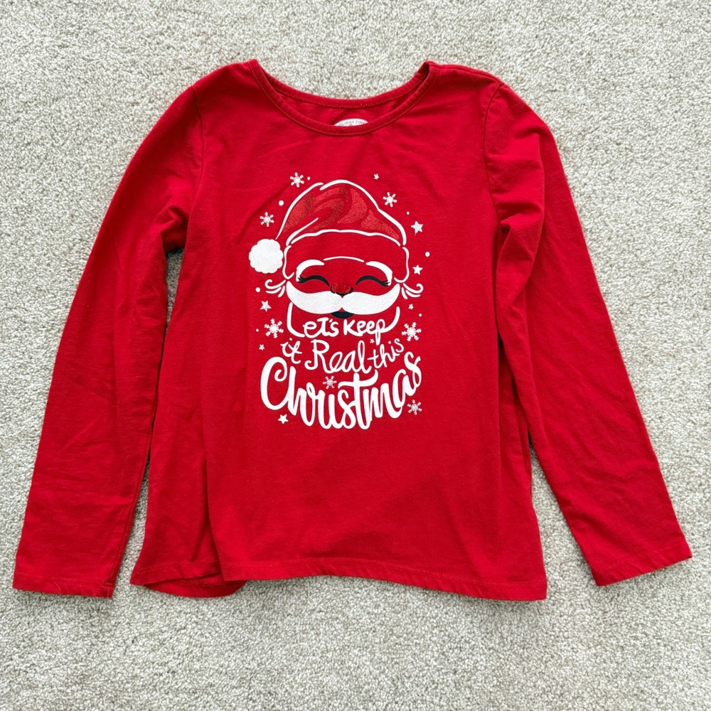 Holiday Time Santa Graphic Shirt Kids L 10-12 Red Long Sleeve Christmas Tee
